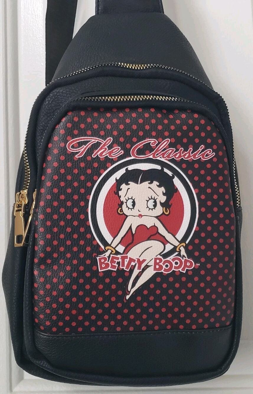 Betty Boop Sling Backpack Crossbody Bag Black Red Polka Dot Faux Leather Small
